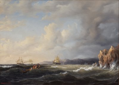 Bark die tegen de wind in vaart bij Kullaberg, 1849 door Marcus Larson